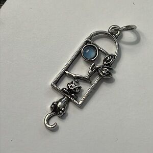 Silver 925 Marked Cat Pendant or Charm for Necklace with Blue Stone